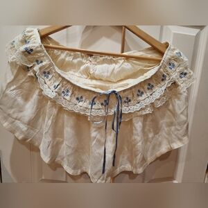 Free People Talia Cream Peasant Tube Top Blouse with Blue Embroidery. New Sz XL